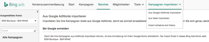 Bing ads Kampagnen importieren