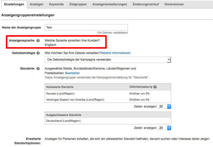 Die Ausrichtung auf Sprachen wird in Bing auf Anzeigengruppenebene getätigt.